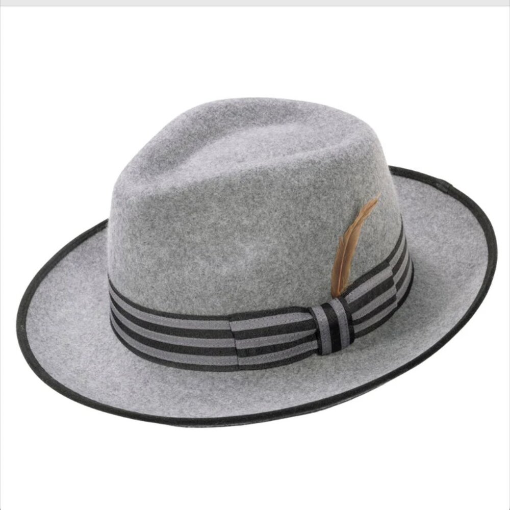 Montique GREY Wool Felt Fedora with BLACK Striped Ribbon Band. 2 INCH BRIM H 102